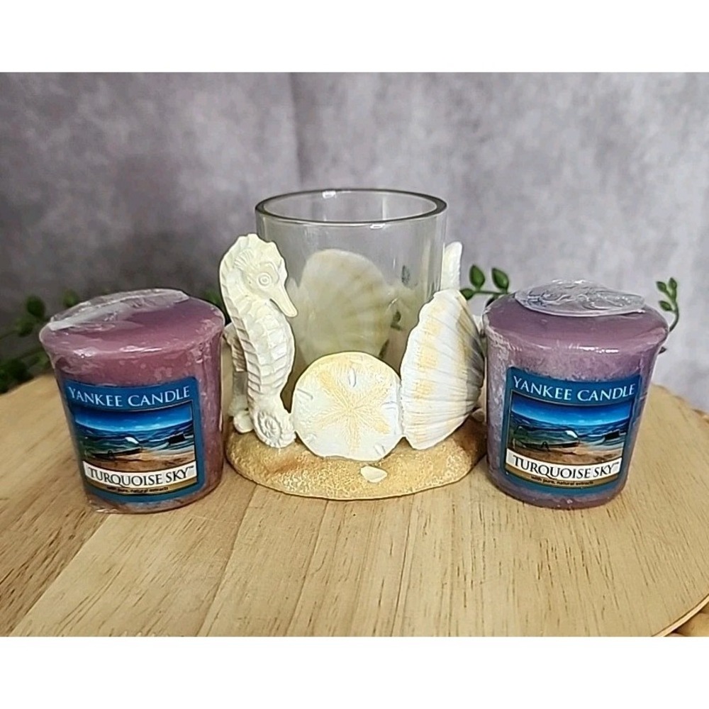 Yankee Candle Turquoise Sky Votive Candles & Seashell Beach Glass Candle Holder